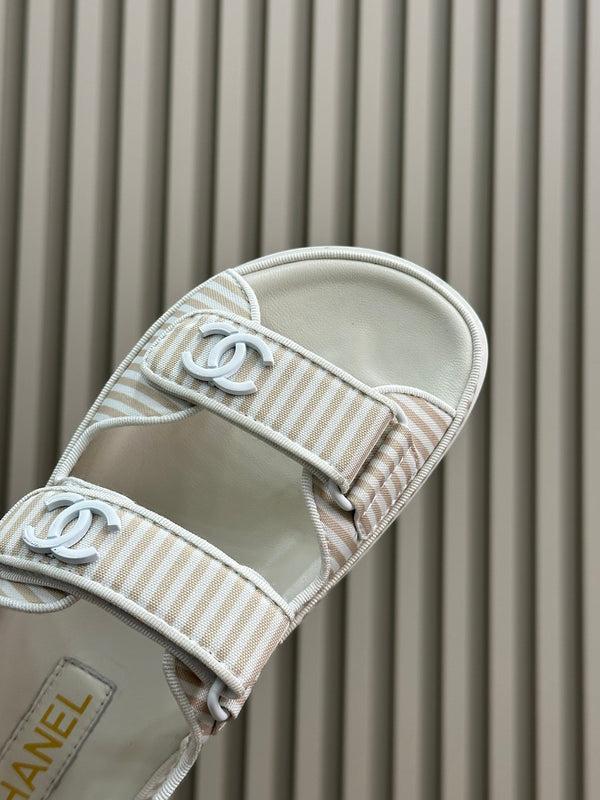 cc dad sandal striped brown white fabric calfskin