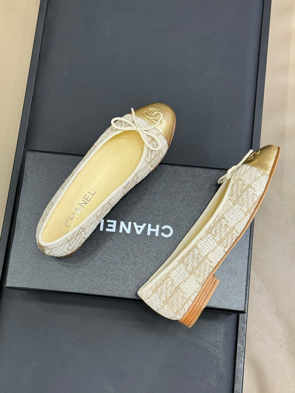 CC Classic Ballet Flats White Brown Fabric Mix Gold Lambskin 282279