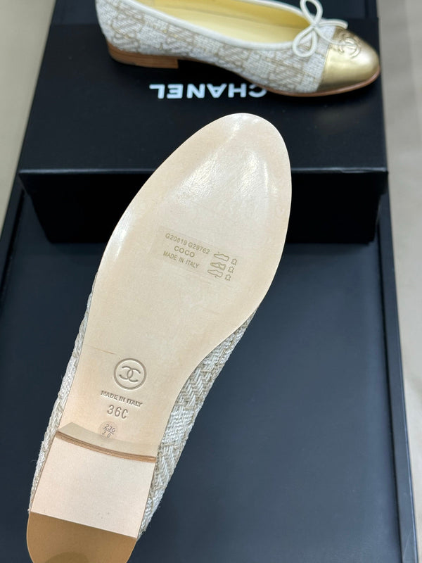 CC Classic Ballet Flats White Brown Fabric Mix Gold Lambskin 282279