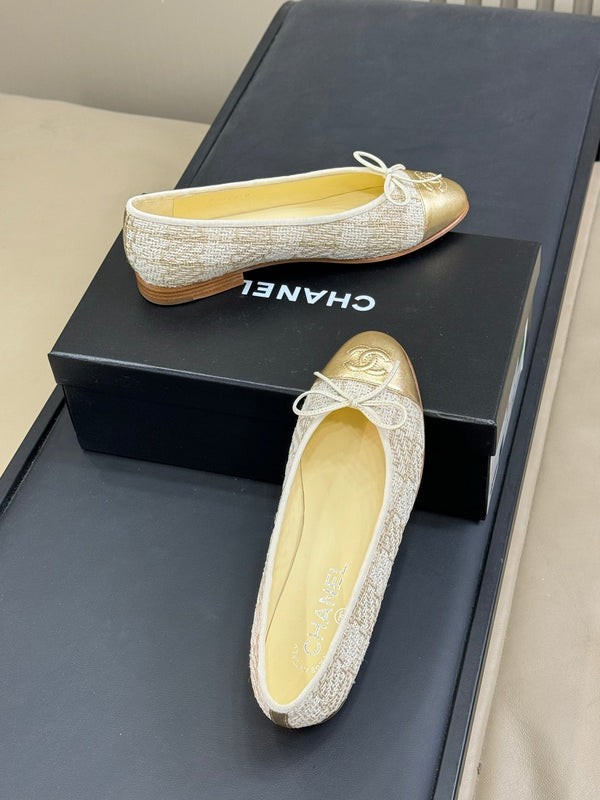 CC Classic Ballet Flats White Brown Fabric Mix Gold Lambskin 282279
