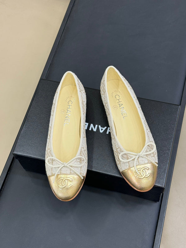 CC Classic Ballet Flats White Brown Fabric Mix Gold Lambskin 282279