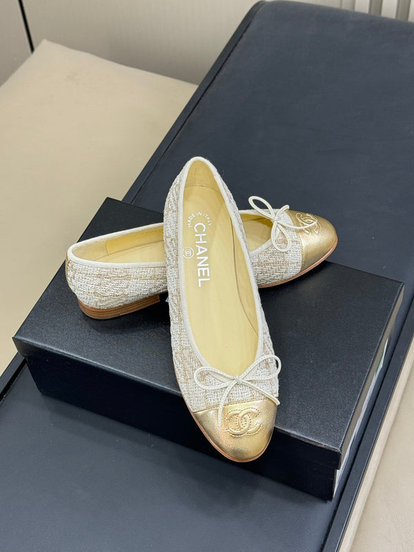 CC Classic Ballet Flats White Brown Fabric Mix Gold Lambskin 282279