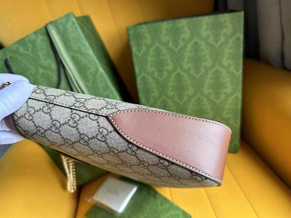 BORSA A TRACOLLA GG PADLOCK 32 IN TELA BEIGE E PELLE DI VITELLO MARRONE