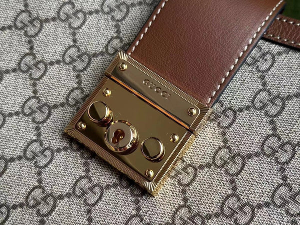 BORSA A TRACOLLA GG PADLOCK 32 IN TELA BEIGE E PELLE DI VITELLO MARRONE