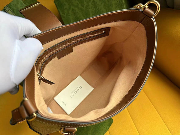 BORSA A TRACOLLA GG PADLOCK 32 IN TELA BEIGE E PELLE DI VITELLO MARRONE