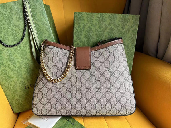 BORSA A TRACOLLA GG PADLOCK 32 IN TELA BEIGE E PELLE DI VITELLO MARRONE