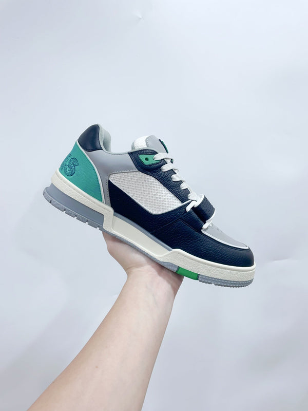 LV Trainer Sneaker con cinturino in velcro verde nero in pelle bovina