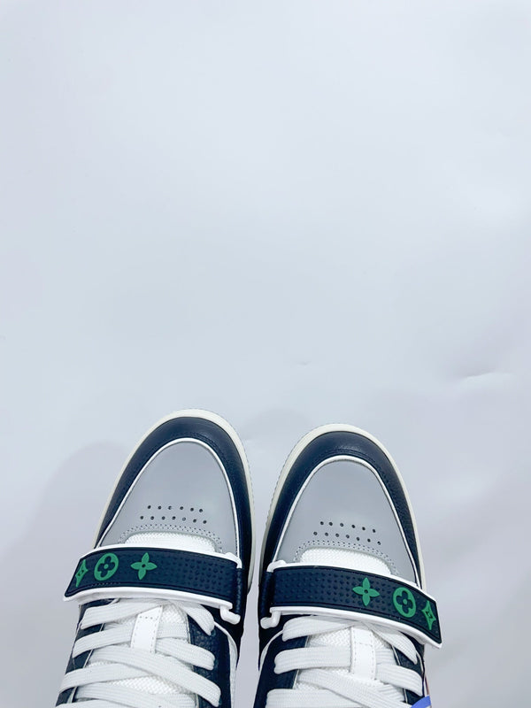 LV Trainer Sneaker con cinturino in velcro verde nero in pelle bovina