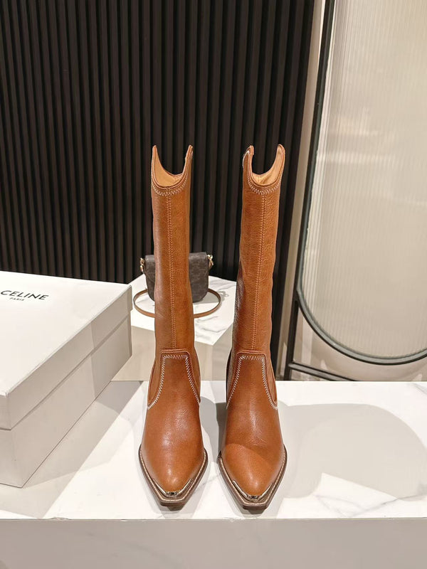CELINE 25 Mid Calf Cowboy Boots Caramel Brown Cowhide
