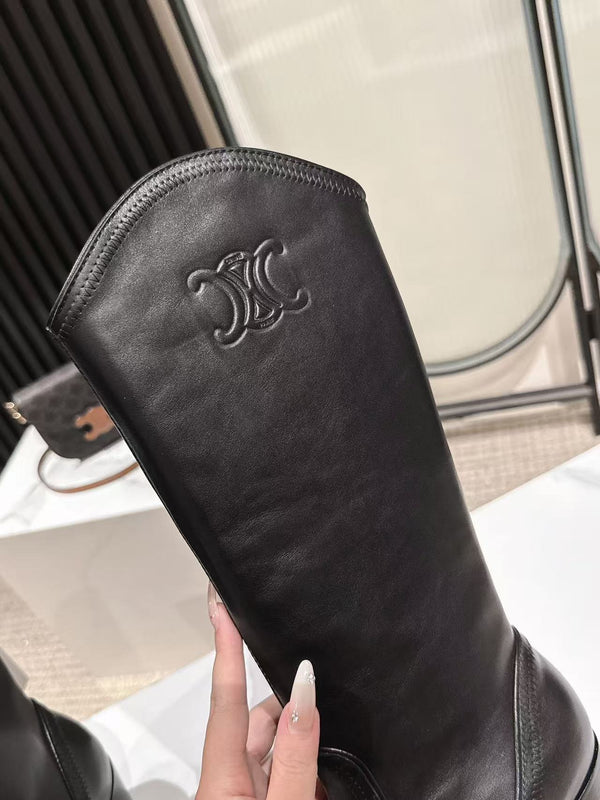 CELINE 25 Mid Calf Cowboy Boots Black Calfskin