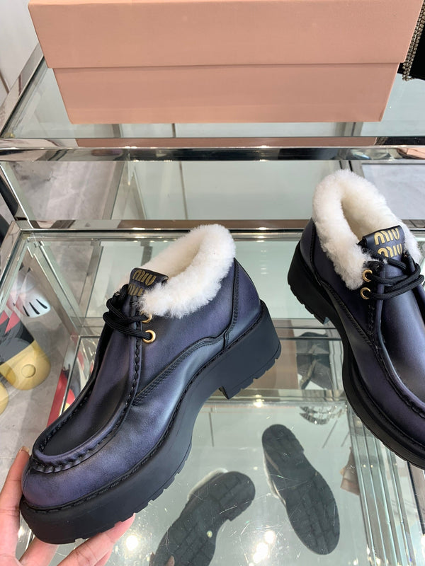 Miu Ankle Boots Charcoal Blue Open-Hemmed Cowhide