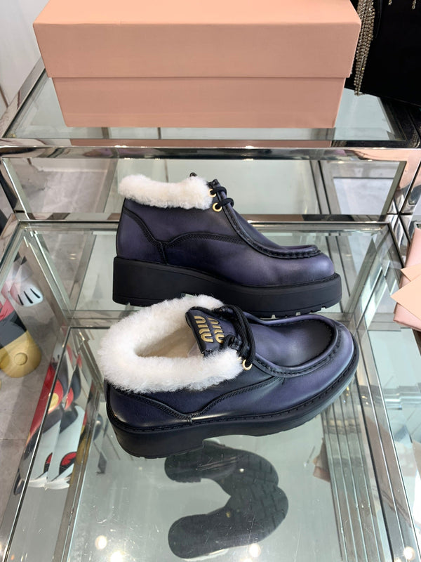 Miu Short Wool Boots Plain Dark Charcoal Open-Hemmed Cowhide