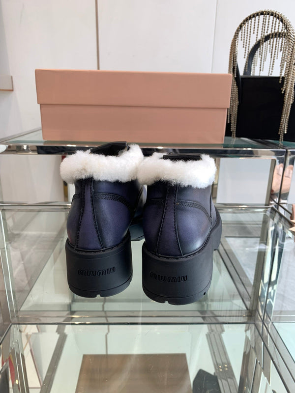 Miu Short Wool Boots Plain Dark Charcoal Open-Hemmed Cowhide