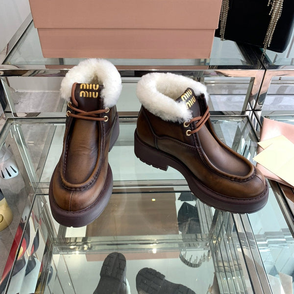 Miu Short Wool Boots Earth Brownopen-Hemmed Cowhide