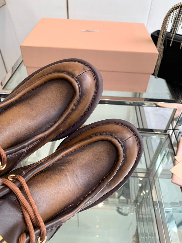 Miu Short Wool Boots Earth Brownopen-Hemmed Cowhide