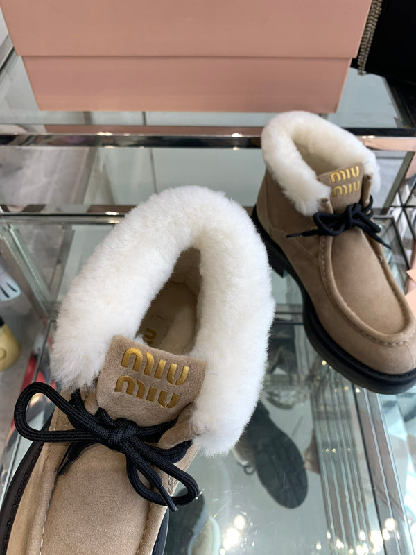 Miu Ankle Boots Khaki Brown Open-Hemmed Cowhide