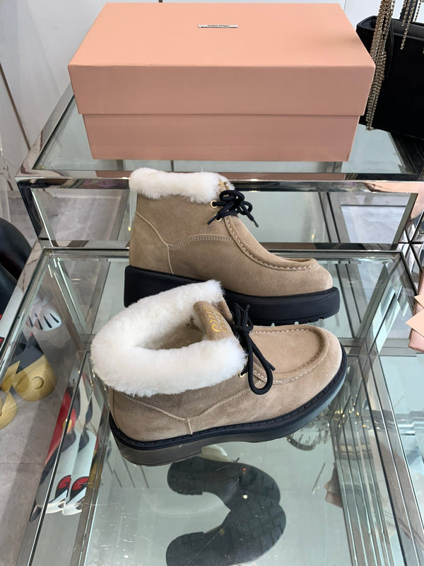 Miu Ankle Boots Khaki Brown Open-Hemmed Cowhide