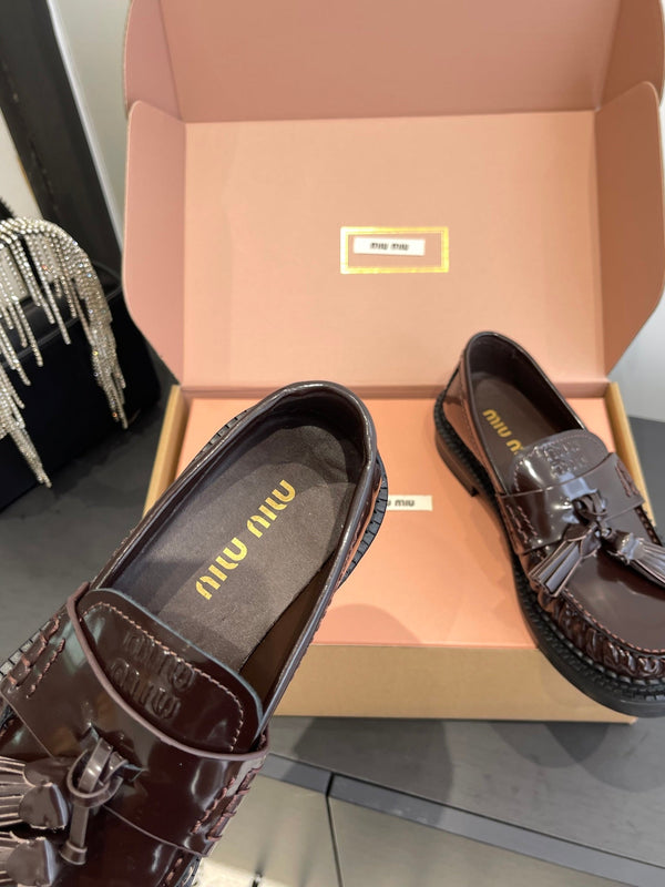Miu Tassel Loafers Dark Brownish Polished Leather 490952