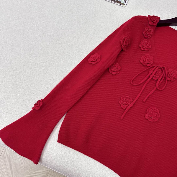 Miu Miu 25 Flower-decorated Knitted Sweater Red Wool