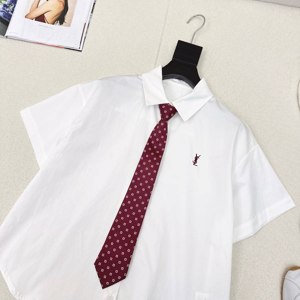 YSL 25 Polka Dot Tie Short-sleeved Shirt White Red Cotton 544580