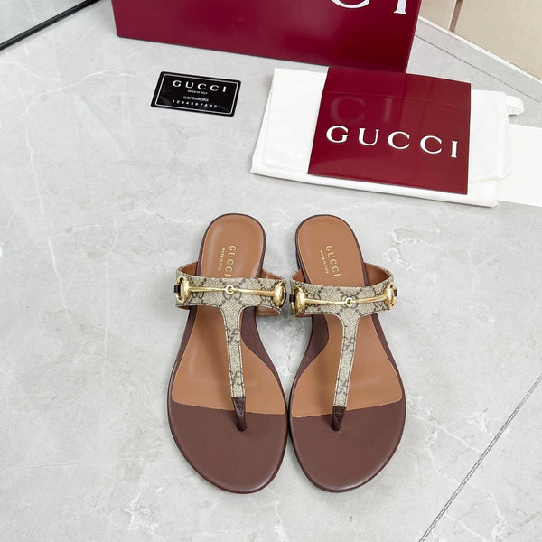 GC 25 Horsebit Thong Sandals Brown Canvas Leather 293854