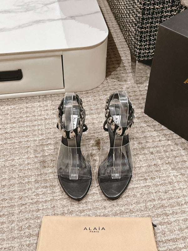 SANDALO ALTO ALAIA IN VITELLO NERO E FILM CON CRISTALLO