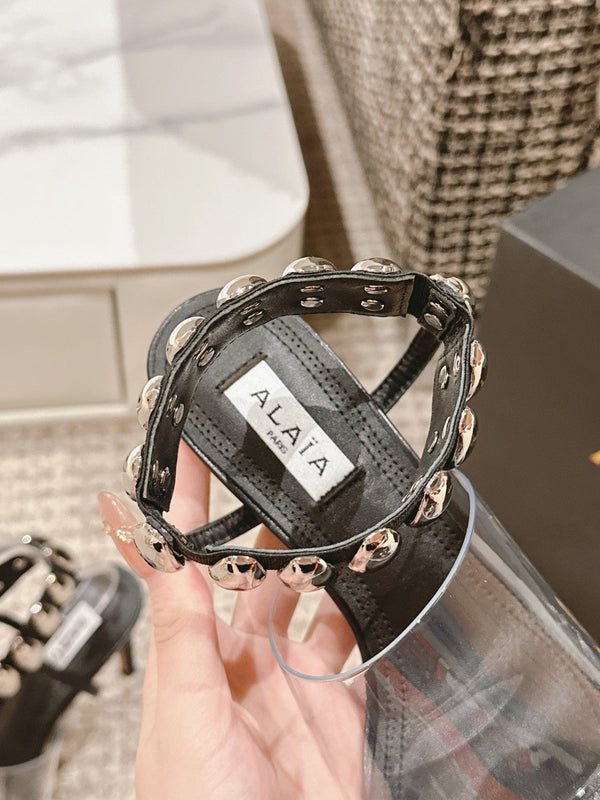 SANDALO ALTO ALAIA IN VITELLO NERO E FILM CON CRISTALLO