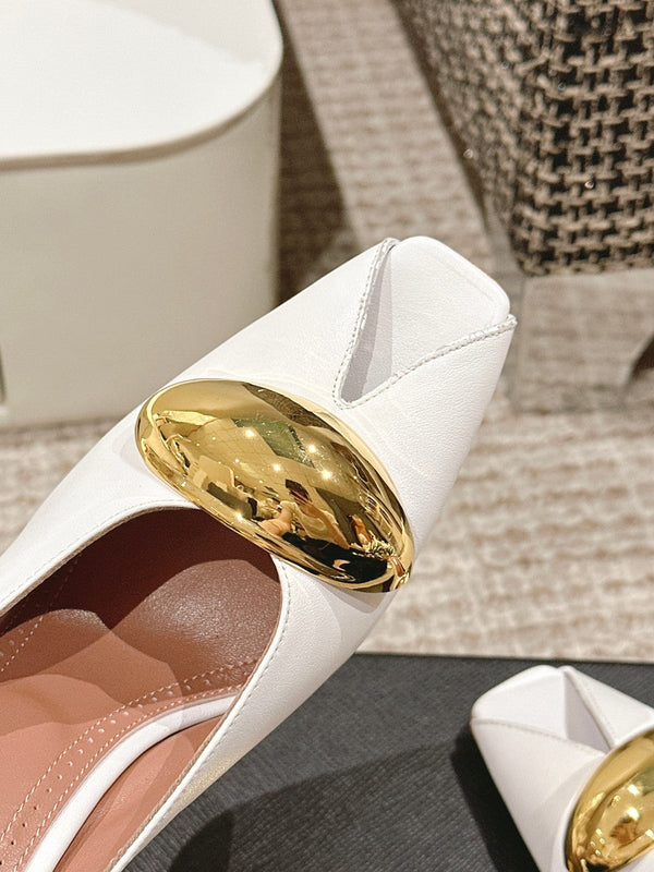 ALAIA SPIKE JEWEL MULES IN WHITE CALFSKIN WITH GOLD HARDWARE