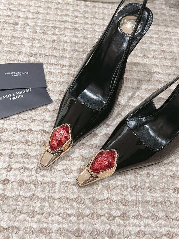 DUNE HIGH 10 CM SLINGBACK PUMPS IN BLACK PATENT LEATHER WITH CRYSTAL