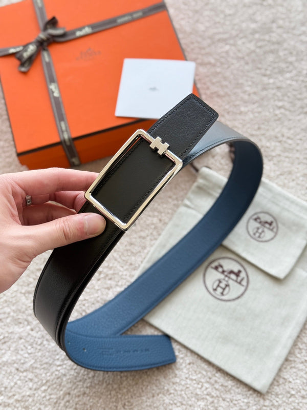 HM Silver Tube H Buckle Belt 38mm Prussian blue Black Leather 187523