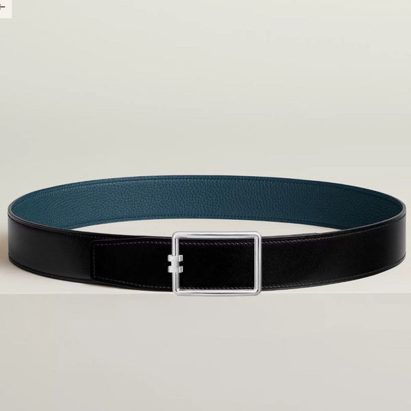 HM Silver Tube H Buckle Belt 38mm Prussian blue Black Leather 187523