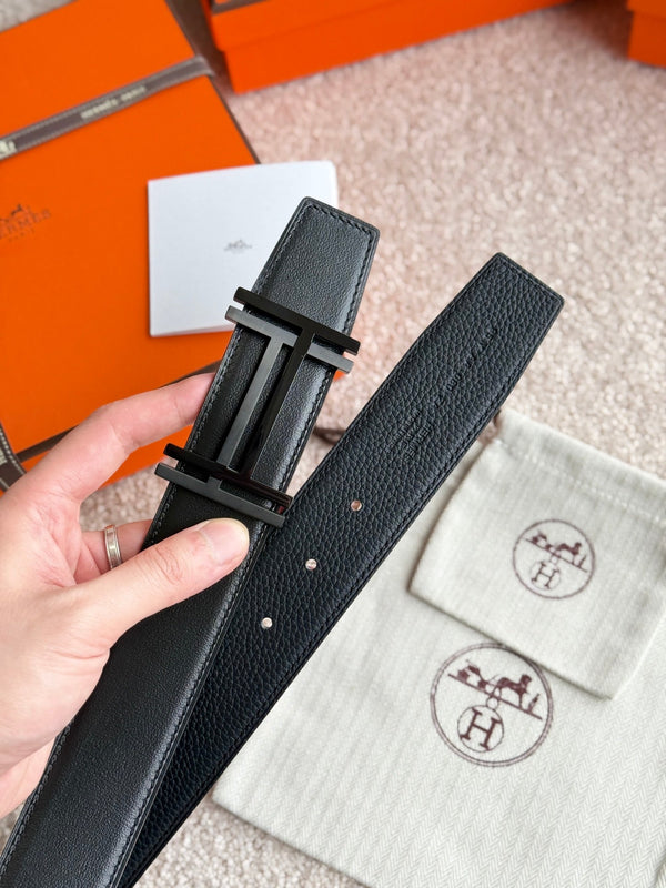 HM H Au Carre Buckle Belt 38mm Black Calfskin 187506