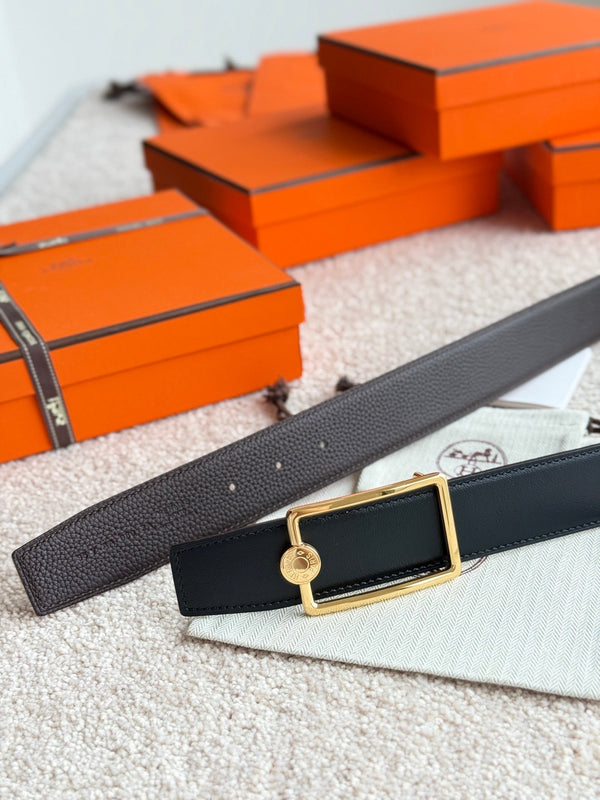 HM Gold Oscar Buckle Belt 38mm Black Chocolate Leather 187785