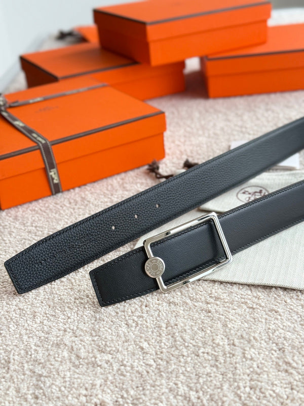 HM Silver Oscar Buckle Belt 38mm Black Leather 187784