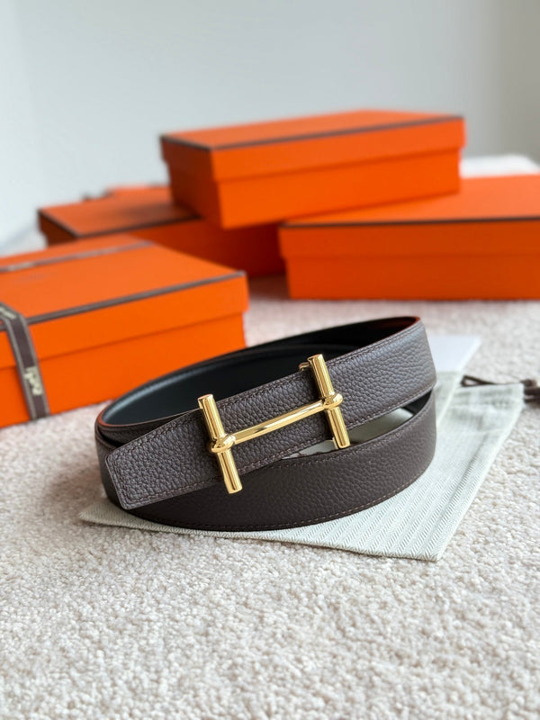 HM H d'Ancre Buckle Belt 32mm Black Chocolate Leather 187773