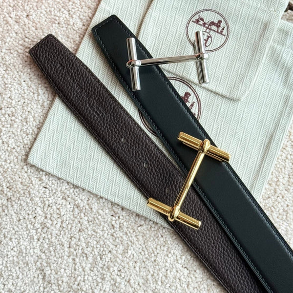 HM H d'Ancre Buckle Belt 32mm Black Chocolate Leather 187773