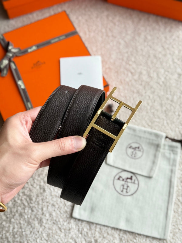 HM Gold Quentin Reversible 32mm Belt Black Chocolate Leather 188090