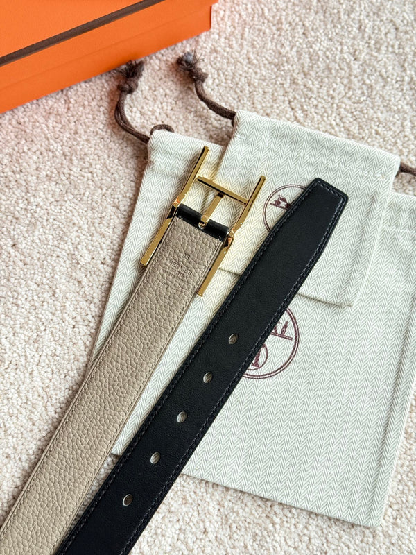 HM Gold Quentin Reversible 32mm Belt Black Beige Leather 188089