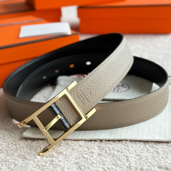 HM Gold Quentin Reversible 32mm Belt Black Beige Leather 188089