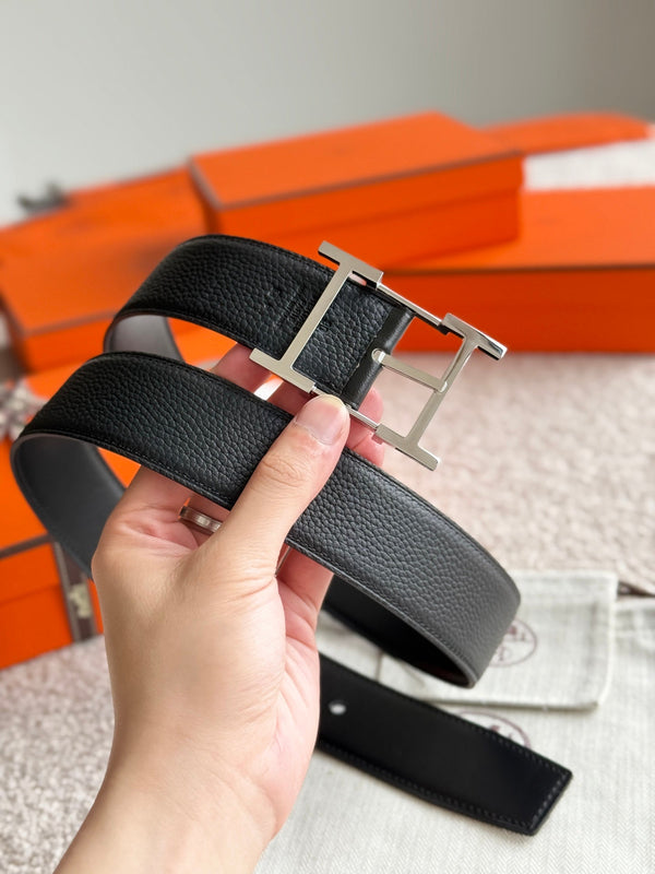 HM Silver Hadrien Reversible 38mm Belt Black Leather 188082