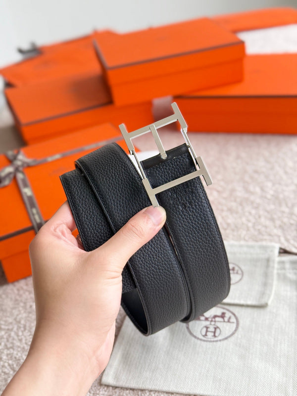 HM Silver Hadrien Reversible 38mm Belt Black Leather 188082