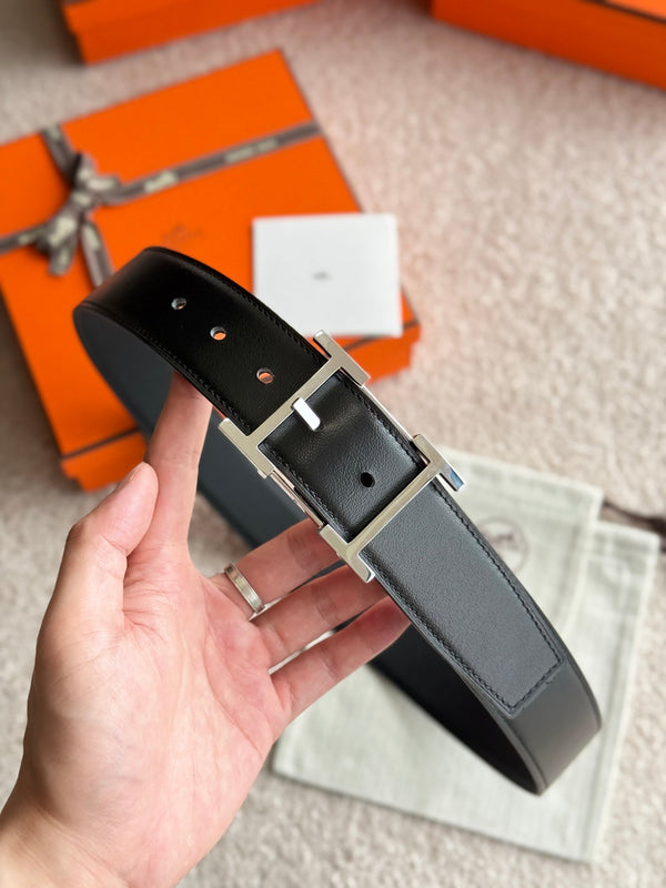 HM Silver Hadrien Reversible 38mm Belt Black Leather 188082