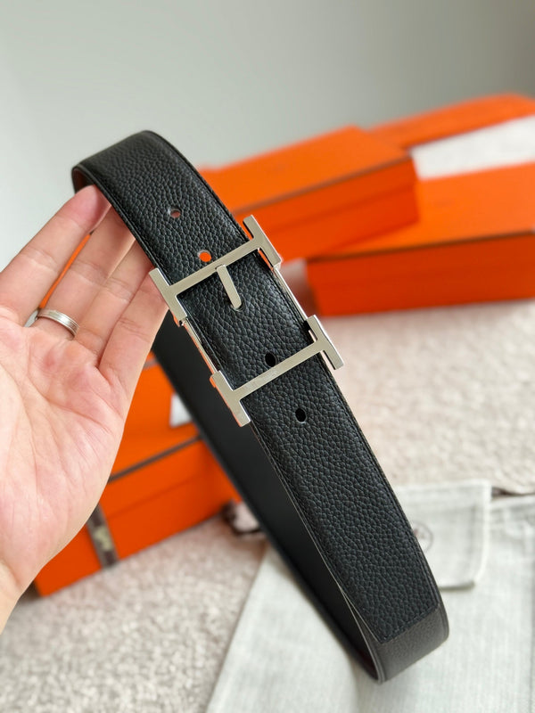 HM Silver Hadrien Reversible 38mm Belt Black Leather 188082