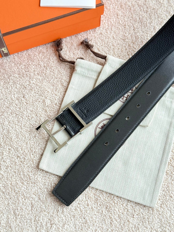 HM Silver Hadrien Reversible 38mm Belt Black Leather 188082