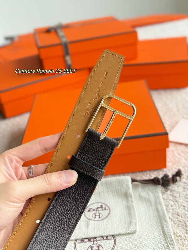 HM Gold 35mm Romain Belt Brown Chocolate Leather 188392