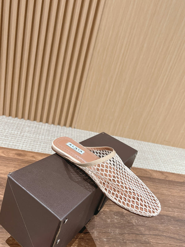 mulo piatto in rete beige in pelle di agnello