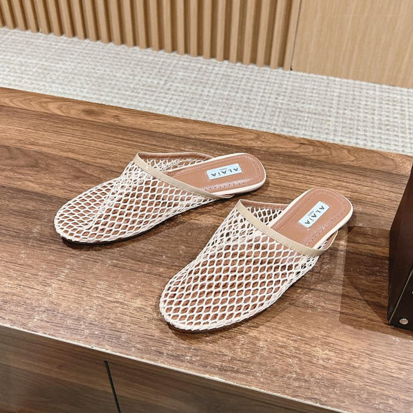 mulo piatto in rete beige in pelle di agnello