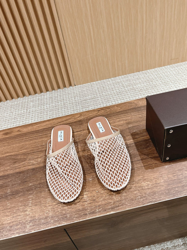 mulo piatto in rete beige in pelle di agnello