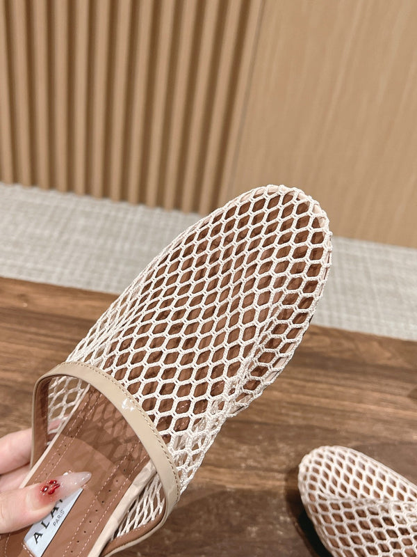 mulo piatto in rete beige in pelle di agnello