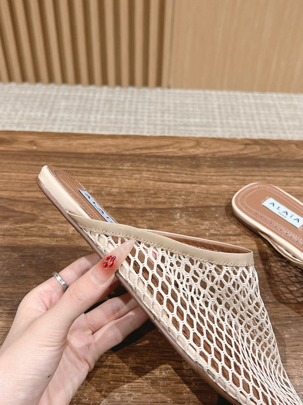 mulo piatto in rete beige in pelle di agnello